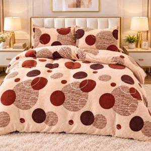 Lenjerie pat dublu, Super Pufoasa COCOLINO,cu ELASTIC, 4 piese, Bej, Buline