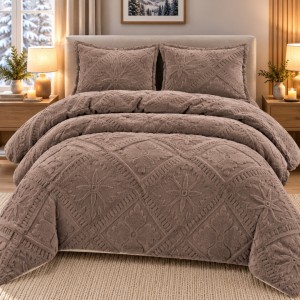 Lenjerie de Pat Dublu, CoCoLiNo Ultra Pufoasă, 4 piese, Cearșaf cu ELASTIC, Model Traditional 3D, Maro