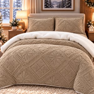 Lenjerie de Pat Dublu, CoCoLiNo Ultra Pufoasă, cu Blanita Sherpa Alba, 4 piese, Cearșaf cu ELASTIC, Model Traditional 3D, Bej inchis