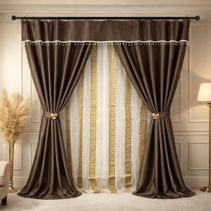 Set 3 metri de 2 bucati de Draperie BlackOut, Pearls, 150cm latime x 270cm înălțime, cu rejansa pt sina, Maro cu Sclipici