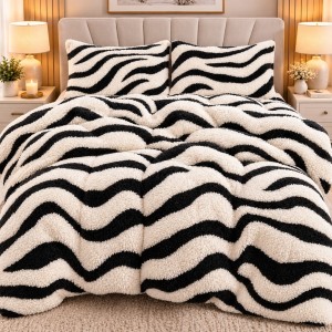 Lenjerie pat dublu, din Blanita COCOLINO Sherpa, cu ELASTIC, 4 piese, Alb, Zebra Print