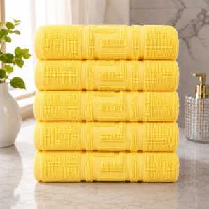 Set 5 prosoape medii, Greek Border, 50x90cm, din 100% bumbac pakistanez,  480g, Galben