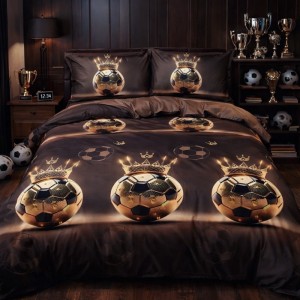 Lenjerie pat dublu cu Elastic, bumbac satinat, Maro, mingii de fotbal Lenjerie pat dublu cu Elastic, bumbac satinat, Maro, mingii de fotbal