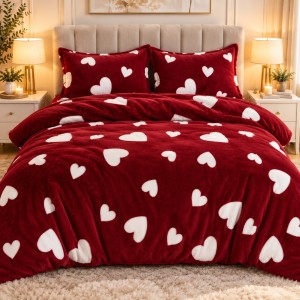Lenjerie pat dublu, Super Pufoasa COCOLINO,cu ELASTIC, 4 piese, Rosu, inimioare