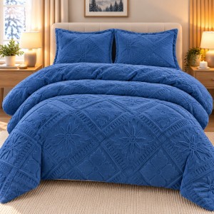Lenjerie de Pat Dublu, CoCoLiNo Ultra Pufoasă, 4 piese, Cearșaf cu ELASTIC, Model Traditional 3D, Albastru
