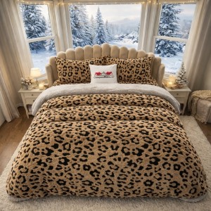 Lenjerie pat dublu, din Blanita Cocolino Sherpa, cu ELASTIC, 4 piese, Cappuccino, Leopard Print