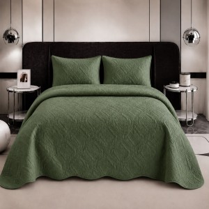 Cuvertura pat dublu, 3 piese, Catifea Matlasata, Verde