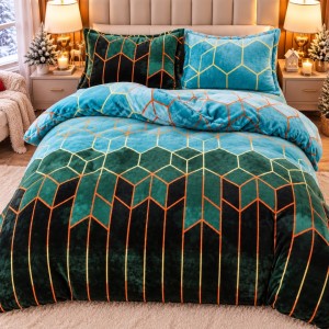 Lenjerie pat dublu, Super Pufoasa COCOLINO, 4 piese, Verde, Forme Geometrice