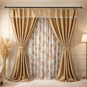 Set 3 metri de 2 bucati de Draperie BlackOut, Pearls, 150cm latime x 270cm înălțime, cu rejansa pt sina, Bej cu Sclipici