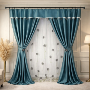 Set 3 metri de 2 bucati de Draperie BlackOut, Pearls, 150cm latime x 270cm înălțime, cu rejansa pt sina, Turquoise cu Sclipici