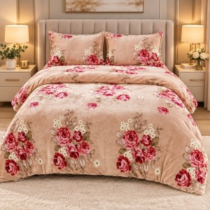 Lenjerie pat dublu, Super Pufoasa COCOLINO,cu ELASTIC, 4 piese, Bej, Flori