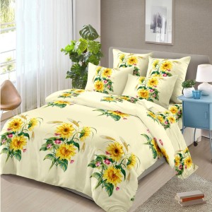 Lenjerie pat dublu, 4 piese, microfibra, Pucioasa, crem, floarea soarelui