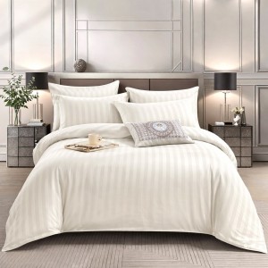 Lenjerie HoReCa, pat dublu, Damasc Finetat Deluxe cu Elastic, 6 piese, Alb vernil