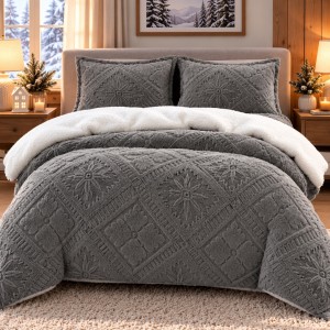 Lenjerie de Pat Dublu, CoCoLiNo Ultra Pufoasă, cu Blanita Sherpa Alba, 4 piese, Cearșaf cu ELASTIC, Model Traditional 3D, Gri inchis