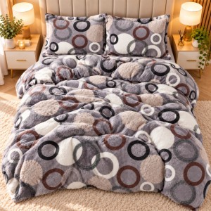 Lenjerie pat dublu, Super Pufoasa COCOLINO,cu ELASTIC, 4 piese, Gri, cercuri