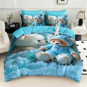 Lenjerie pat dublu, FINET, Imprimeu Digital 5D - Identic cu poza, Cu ELASTIC, 6 piese, Pucioasa, Bleu, ursuleti