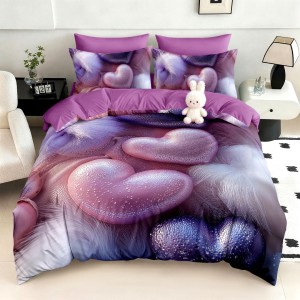 Lenjerie pat dublu, FINET, Imprimeu Digital 5D - Identic cu poza, Cu ELASTIC, 6 piese, Pucioasa, Mov, inimioare pufoase