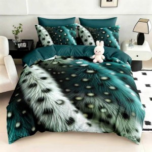 Lenjerie pat dublu, FINET, Imprimeu Digital 5D - Identic cu poza, Cu ELASTIC, 6 piese, Pucioasa, Verde, abstract elegant