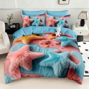 Lenjerie pat dublu, FINET, Imprimeu Digital 5D - Identic cu poza, Cu ELASTIC, 6 piese, Pucioasa, Roz, Bleu stelute pufoase