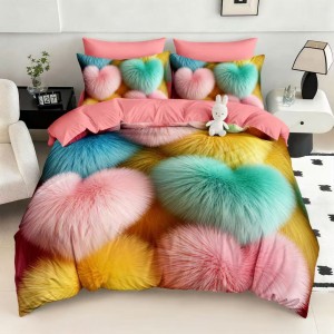 Lenjerie pat dublu, FINET, Imprimeu Digital 5D - Identic cu poza, Cu ELASTIC, 6 piese, Pucioasa, Multicolor, inimioare pufoase