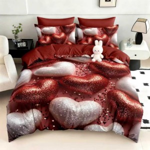 Lenjerie pat dublu, FINET, Imprimeu Digital 5D - Identic cu poza, Cu ELASTIC, 6 piese, Pucioasa, Rosu, inimioare