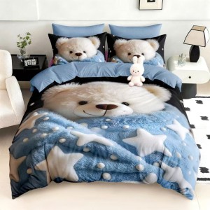 Lenjerie pat dublu, FINET, Imprimeu Digital 5D - Identic cu poza, Cu ELASTIC, 6 piese, Pucioasa, Albastru, ursuleti