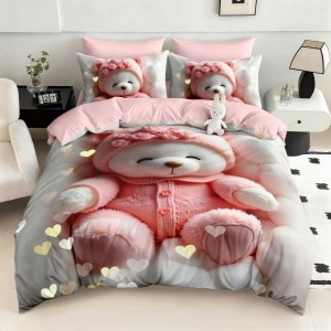 Lenjerie pat dublu, FINET, Imprimeu Digital 5D - Identic cu poza, Cu ELASTIC, 6 piese, Pucioasa, Roz, ursuleti