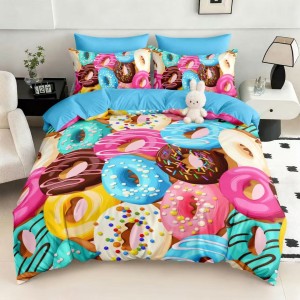 Lenjerie pat dublu, FINET, Imprimeu Digital 5D - Identic cu poza, Cu ELASTIC, 6 piese, Pucioasa, Multicolor, donuts