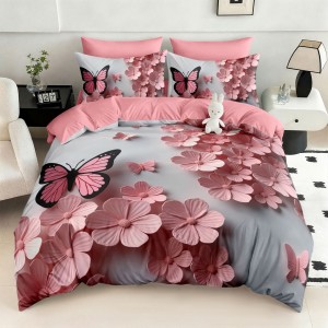 Lenjerie pat dublu, FINET, Imprimeu Digital 5D - Identic cu poza, Cu ELASTIC, 6 piese, Pucioasa, Gri, Roz, fluturi si floricele