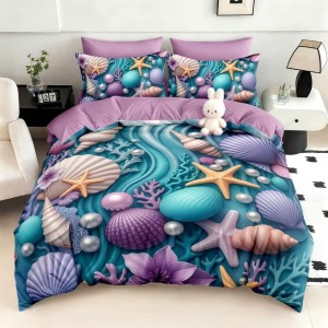 Lenjerie pat dublu, FINET, Imprimeu Digital 5D - Identic cu poza, Cu ELASTIC, 6 piese, Pucioasa, Mov, Turcuaz, perle, scoici