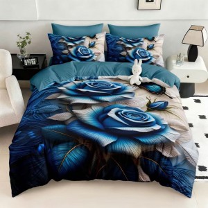 Lenjerie pat dublu, FINET, Imprimeu Digital 5D - Identic cu poza, Cu ELASTIC, 6 piese, Pucioasa, Turcuaz, trandafiri