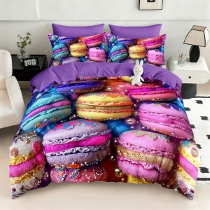 Lenjerie pat dublu, FINET, Imprimeu Digital 5D - Identic cu poza, Cu ELASTIC, 6 piese, Pucioasa, Multicolor, macarons