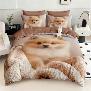 Lenjerie pat dublu, FINET, Imprimeu Digital 5D - Identic cu poza, Cu ELASTIC, 6 piese, Pucioasa, Crem, pomeranian