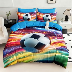 Lenjerie pat dublu, FINET, Imprimeu Digital 5D - Identic cu poza, Cu ELASTIC, 6 piese, Pucioasa, Multicolor, minge de fotbal