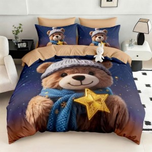 Lenjerie pat dublu, FINET, Imprimeu Digital 5D - Identic cu poza, Cu ELASTIC, 6 piese, Pucioasa, Maro, Albastru, ursulet