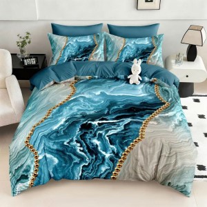 Lenjerie pat dublu, FINET, Imprimeu Digital 5D - Identic cu poza, Cu ELASTIC, 6 piese, Pucioasa, Turcuaz, abstract, elegant