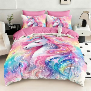 Lenjerie pat dublu, FINET, Imprimeu Digital 5D - Identic cu poza, Cu ELASTIC, 6 piese, Pucioasa, Roz, unicorn