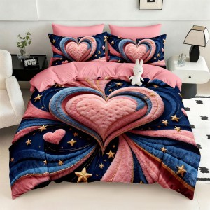 Lenjerie pat dublu, FINET, Imprimeu Digital 5D - Identic cu poza, Cu ELASTIC, 6 piese, Pucioasa, Roz, Albastru, inimioara