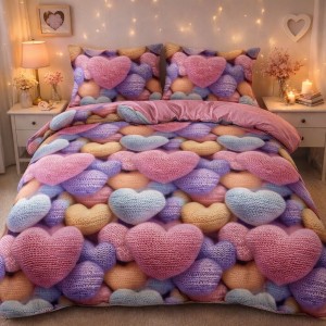 Lenjerie pat dublu cu Elastic, bumbac satinat, Multicolor, inimioare Lenjerie pat dublu cu Elastic, bumbac satinat, Multicolor, inimioare