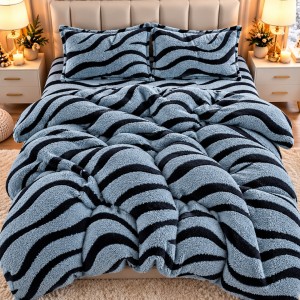 Lenjerie pat dublu, din Blanita COCOLINO Sherpa, cu ELASTIC, 4 piese, Gri Albastrui, Zebra Print