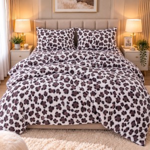 Lenjerie pat dublu, Super Pufoasa COCOLINO,cu ELASTIC, 4 piese, Alb, Gri, Animal Print