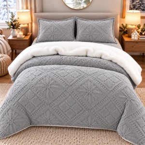 Lenjerie de Pat Dublu, CoCoLiNo Ultra Pufoasă, cu Blanita Sherpa Alba, 4 piese, Cearșaf cu ELASTIC, Model Traditional 3D, Gri deschis Lenjerie de Pat Dublu, CoCoLiNo Ultra Pufoasă, cu Blanita Sherpa Alba, 4 piese, Cearșaf cu ELASTIC, Model Traditional 3D, Gri deschis