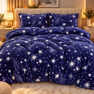 Lenjerie pat dublu, Super Pufoasa COCOLINO, 4 piese, Albastru, Ploaie de Stele