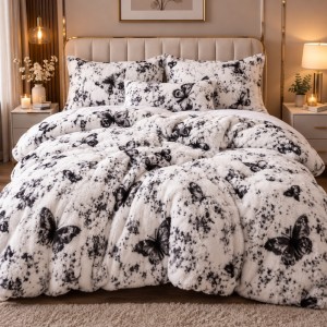 Lenjerie pat dublu, Super Pufoasa COCOLINO Fluffy, 6 piese, Alb, Negru, fluturi