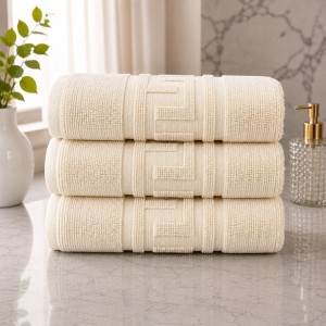 Set 3 prosoape mari, Greek Border, 70x130cm, din 100% bumbac pakistanez,  480g, Crem