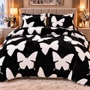 Lenjerie pat dublu, Super Pufoasa COCOLINO,cu ELASTIC, 4 piese, Negru-Alb, fluturi