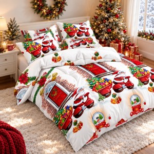 Lenjerie pat dublu, Bumbac Finet Satinat, 6 piese, Alb, Rosu, Christmas Time