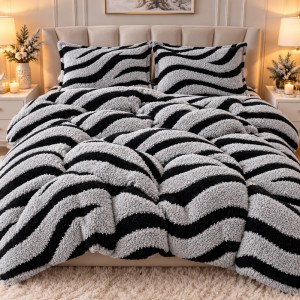 Lenjerie pat dublu, din Blanita COCOLINO Sherpa, cu ELASTIC, 4 piese, Gri deschis, Zebra Print