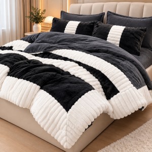 Lenjerie de pat cu Pilota Inclusa, Cearceaf cu Elastic, 6 Piese, Blană de Iepure Artificială si Catifea, Alb cu Antracit si Negru Lenjerie de pat cu Pilota Inclusa, Cearceaf cu Elastic, 6 Piese, Blană de Iepure Artificială si Catifea, Alb cu Antracit si Negru
