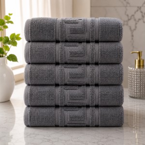 Set 5 prosoape medii, Greek Border, 50x90cm, din 100% bumbac pakistanez,  480g, Gri inchis